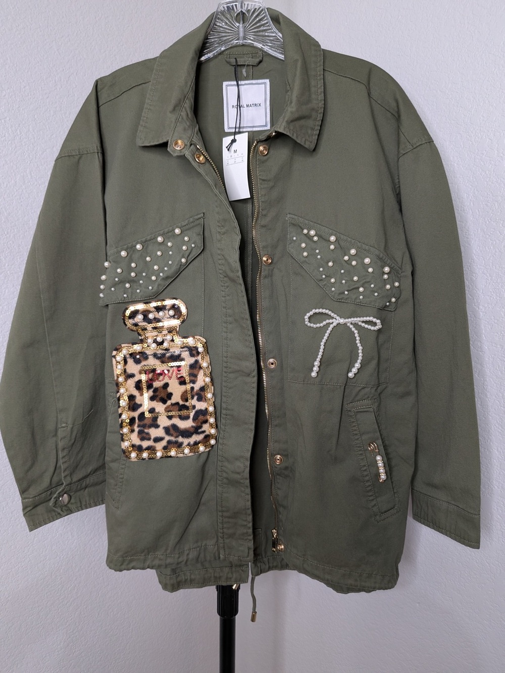Embellished Olive Utility Jacket with Pearl & Leopard Patch